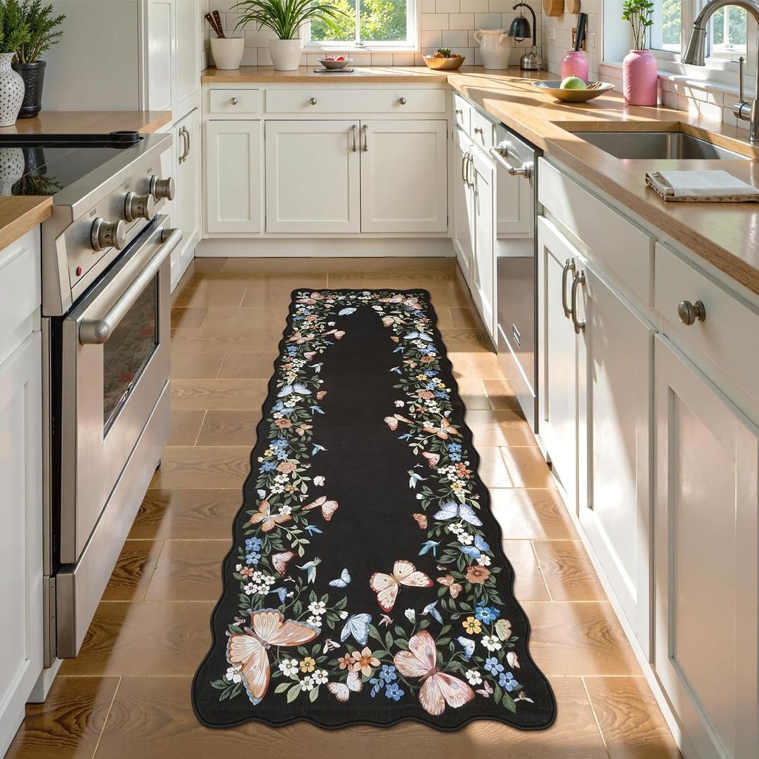 Anidaroel 2x6 Washable Kitchen Runner Rug, Butterfly Rug Runners for Hallways Non Slip Ultra-Thin Rug, Low-Pile Stain Resistant Boho Floral Runner for Bedroom Bathroom Laundry, Black