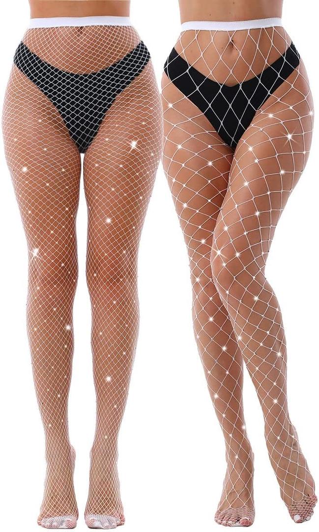 VEBZIN 2 Pack Sparkly Large And Medium Mesh Fishnet Tights For Women Glitter Rhinestone Fishnets Stockings (White, No Size)