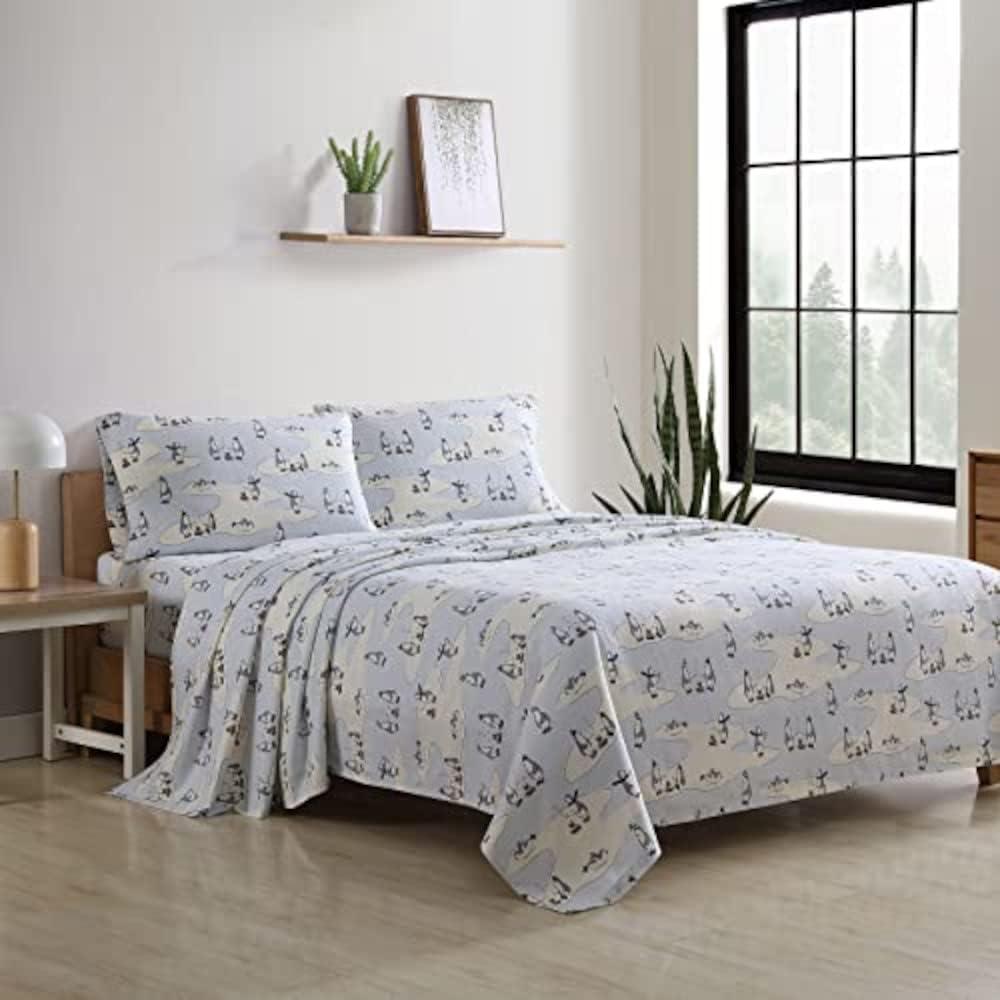 Eddie Bauer - Flannel Sheets Queen Size, Anti-Pilling & Wrinkle Resistant Cotton, Bed Sheets with Matching Pillowcases & Fitted Sheet (Skating Penguin Light Blue)