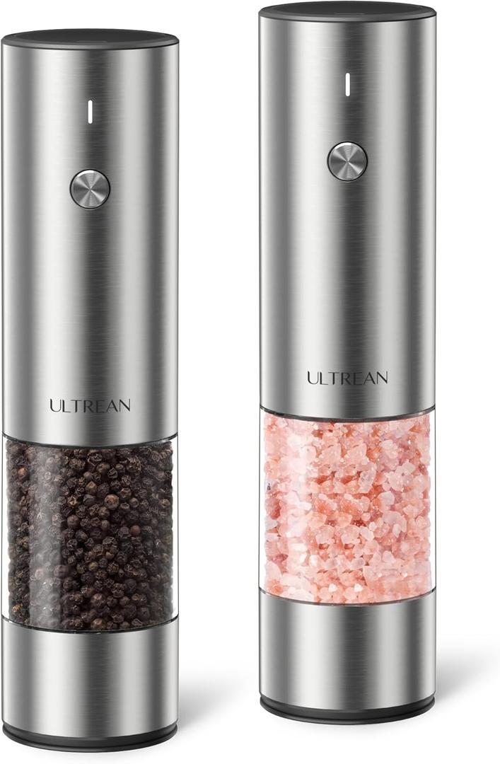 Ultrean Salt and Pepper Grinder Set, Rechargeable Salt and Pepper Shakers, 6 Adjustable Coarseness, LED Light, Kitchen Gadget Cooking Gifts Valentines Day Gifts for Him Her Mom Dad, Stainless Steel (Classic Silver)