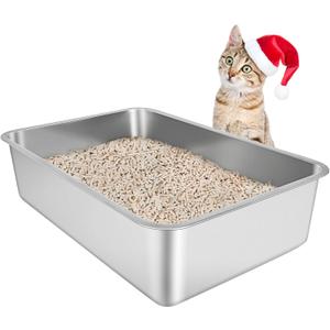 IKITCHEN Stainless Steel Cat Litter Box, Large Metal Litter Box for Cats, Never Absorbs Odors,Stain Free, Rustproof, Non Stick Smooth Surface, Anti-Slip Rubber Bottom, 19.5" L x 13.5" W x 6" H