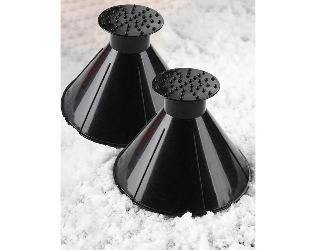 2pcs 2-in-1 Winter Windshield Ice Scraper with Funnel – Rotating Cone Snow Remover Tool – Compact Round Deicer for Cars, Vans, Trucks(Black)