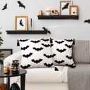 Set of 2 Halloween Pillow Covers 18 x 18 Inch Black Bat Embroidered Throw Pillow Case Fluffy Plush Cushion Cover Neutral Halloween Decorations for Home Indoor Sofa Couch Bedroom Living Room