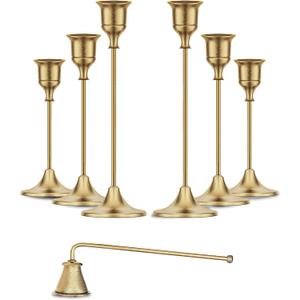 Gold Candleholders for Taper Candlesticks Plus Candle Snuffer  Dining Table Dcor Centrepiece - Brass Candelabra Candlestick Holder - Gold Dcor for Home Weddings Celebrations Events (Set of 6 Pcs)