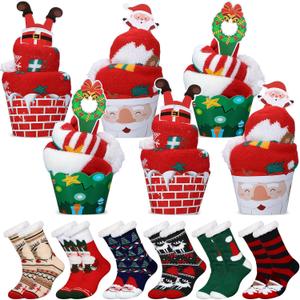 Chuarry 6 Pairs Christmas Socks with 6 Pcs Gift Boxes Winter Warm Fuzzy Fluffy Socks Soft Cozy Colorful Non Slip Slipper Socks Gift Box Set for Women Men Home Indoor Xmas Holiday Gift