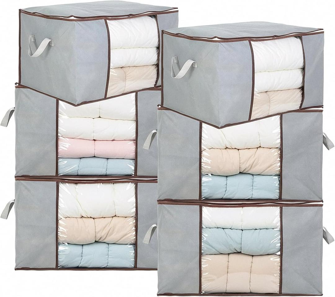 6pcs Foldable Closet Organizer Clothes Storage Bags Comforter Bedding Containers with Large Zipper Clear Window & Handles for Organizing Bedroom,King Comforter, Pillow, Quilt,Blanket (Gray)