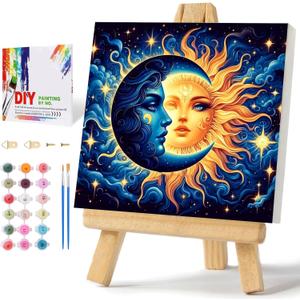Framed Paint by Numbers Kit for Adults Beginners & Kids Ages 8-12, Sun and Moon Acrylic Easy Paint by Number with Frame, Watercolor Painting by Number Kits on Canvas Framed (8 * 8 Inch, without Easel)