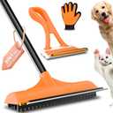 3 In 1 Carpet Rake Kit For Pet Hair Removal Tool - Reusable Pet Hair Remover Broom W 58"Adjustable Long Handle, Dog & Cat Carpet Scraper, Pet Hair Remover For Rugs, Mats, Couch, Curtains(Orange)