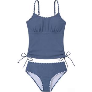 Funnycokid Teen Girls Swimsuit Padded Bathing Suit 2 Piece Tankini Contrast Trim Ruched Design Swimwear 9-16Y (15-16 Years, Navy Blue)