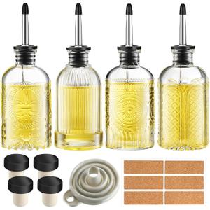 Baderke 4 Pcs Olive Oil Dispenser Bottle for Kitchen with Metal Spout, Vinegar Glass Oil Bottles 7 Oz/200 ML, Glass Cooking Dispenser for Kitchen