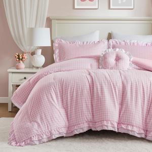 Intelligent Design Rowena Full Comforter Set Blush Pink Gingham Ruffled Bedding, Vintage Farmhouse Style, Reversible All Season 4-Piece Bedding Set, Full/Queen, Gift for Her