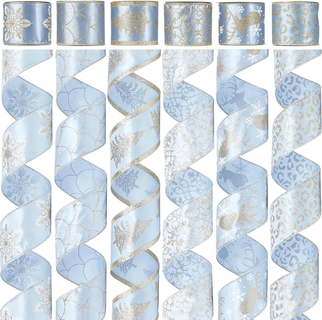 Dusty Blue and Champagne Gold Christmas Ribbon Wired 2.5" Blue Gold Christmas Tree Ribbon for Decorations, Blue and Gold Wired Satin Ribbon for Gift Wrapping, Crafts (6 Rolls 36 Yards)