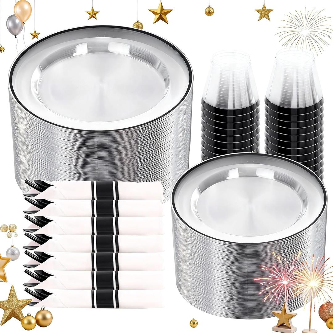 SUT 350 Pcs Black and Clear Plastic Dinnerware Set for 50 Guests, Include: 50 Dinner Plates, 50 Dessert Plates, 50 Pre Rolled Napkins With Silverware, 50 Cups, Disposable Plates for Party