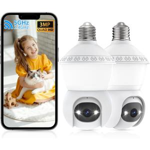 Smart Light Bulb Security Camera,5G&2.4G Security Cameras Wireless Outdoor,2K Light Bulb Camera, 360 Camera for Home Security,AI Detection,Smart Night Vision, Two-Way Audio,Work with Alexa (White 2-PACK)