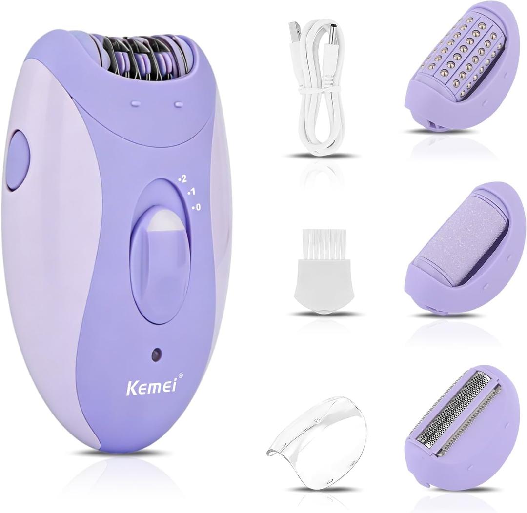 KEMEI 4-in-1 Womens Hair Epilator, Suitable for Body Hair on the Face, Legs, Arms, Underarms and Bikini Line, 2-Speed Adjustment, Built-in Lighting, USB Charging