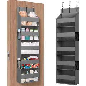 Lifewit 1 Pack Over the Door Organizer, 5 Shelf Clear Window Hanging Storage with 4 Mesh Side Pockets, Anti Tilt 40 lbs Load Behind Door for Pantry, Nursery, Bathroom, Bedroom, Kitchen, Dorm, Grey (Gray)