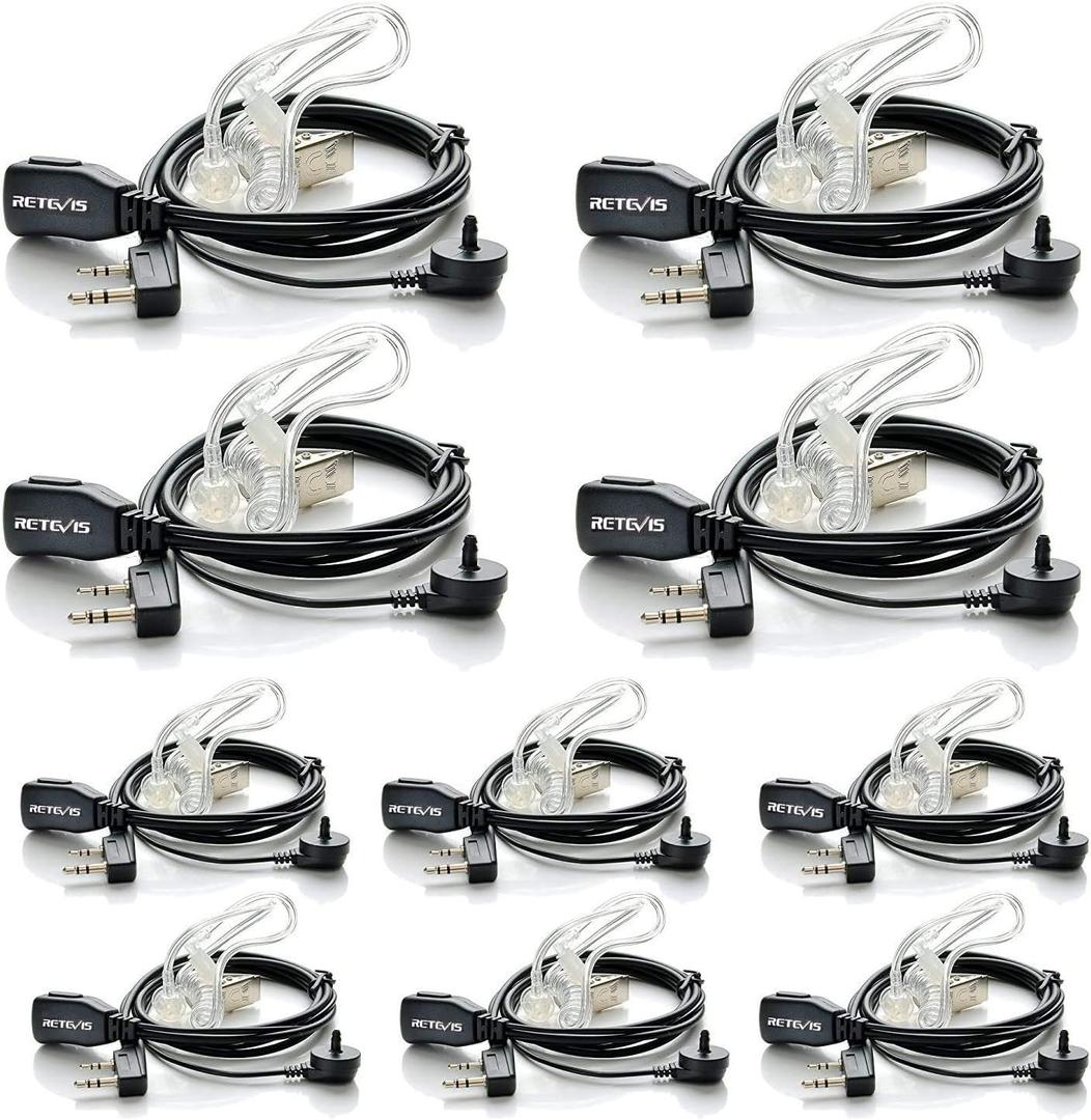 Case of 10, Retevis Walkie Talkies Earpiece with Mic 2 Pin Acoustic Tube Headset, for RT22 RT21 RT68 H777, Compatible with Pxton Baofeng BF-888S BF-T26 Kenwood walkie talkie, Two Way Radio Earpiece