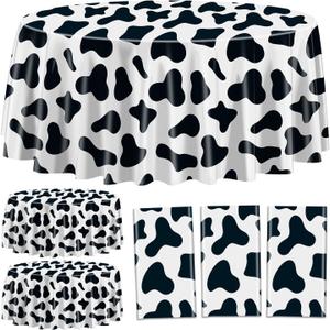 Cow Print Round Plastic Tablecloths, 3 Pack, 84 x 84 Inch, Black, Spill Resistant, Perfect for Cow Theme Party, Kid's Birthday, Baby Shower, Picnic, Farmhouse