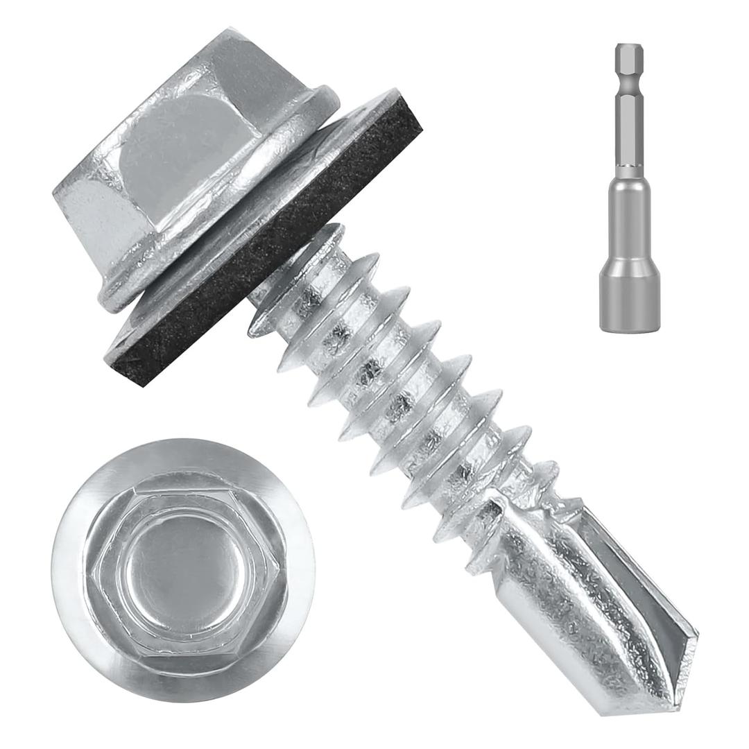 #10 x 3/4" (50 PCS) Metal Roofing Screws with Rubber Washer, Hex Head Self Tapping Screws for Metal, Self Drilling Sheet Metal Screw, Hex Bit Socket Included