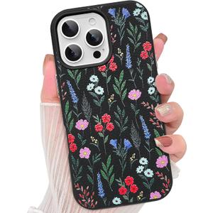 AIGOMARA for iPhone 16 Pro Case, Cute Floral Pattern Design,Black | Dual Layer Shockproof Anti-Scratch Leather Protective Cover for Women Girls