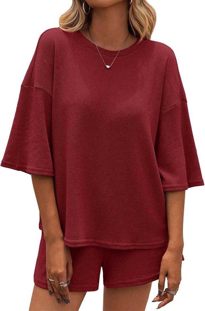 Tankaneo Womens 2 Piece Outfits Sweater Set Lounge Sets 3/4 Sleeve Oversized Tops and Elastic Waist Shorts Pajama Sets