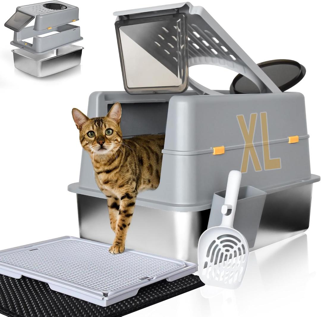 Stainless Steel Litter Box with Lid - XL Enclosed Anti-Leak Design for Big Cats, Non-Stick Easy Clean Metal Litter Box System with Scoop Set, High-Sided Urine Protection, Sleek Grey