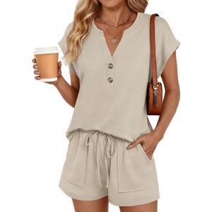 LILLUSORY Womens Henley 2 Piece Short Sets Summer 2026 Lounge Spring Beach Airport Travel Vacation Outfits Matching Sweatsuit (Beige, L)