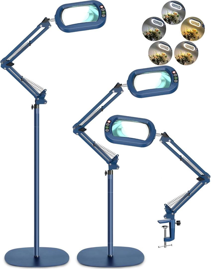 10X Rectangle Magnifying Glass with Light and Stand, 5 * 3 Inch Real Glass 5 Color Modes Stepless Dimmable LED Floor Lamp, 3-in-1 Large Lighted Magnifier for Reading Painting Craft Close Work - Blue