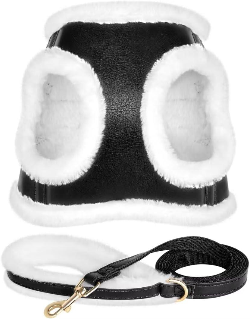 Beirui Leather Small Dog Set, Soft Plush Padded Puppy Harness, Winter Warm, Step In Anti Pull for Small Dogs, Black (M,Fit 16-21 lbs)