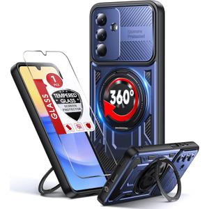 LeYi for Samsung Galaxy A15-5G Case: with Glass Screen Protector, [Fit Magsafe] 16FT Heavy Duty Shockproof Protection Rugged Android Smart Phone Case with Invisible Ring Stand Samsung 15A 5G, Blue