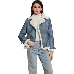 DIASHINY Women's Faux Shearing Fur Winter Coat Warm Thick Fur Lined Faux Leather Jacket (177 Denim Blue, Small)