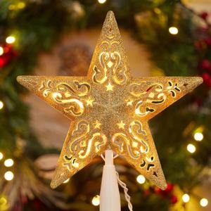 Brightown-Christmas-Tree-Topper, Christmas Star Tree Topper Lighted 3D Hollowed Gold Pentagram Built-in 10 Bulbs Golden Glitter Sparkling Plug in Vintage Indoor Holiday Xmas Decorations Ornaments