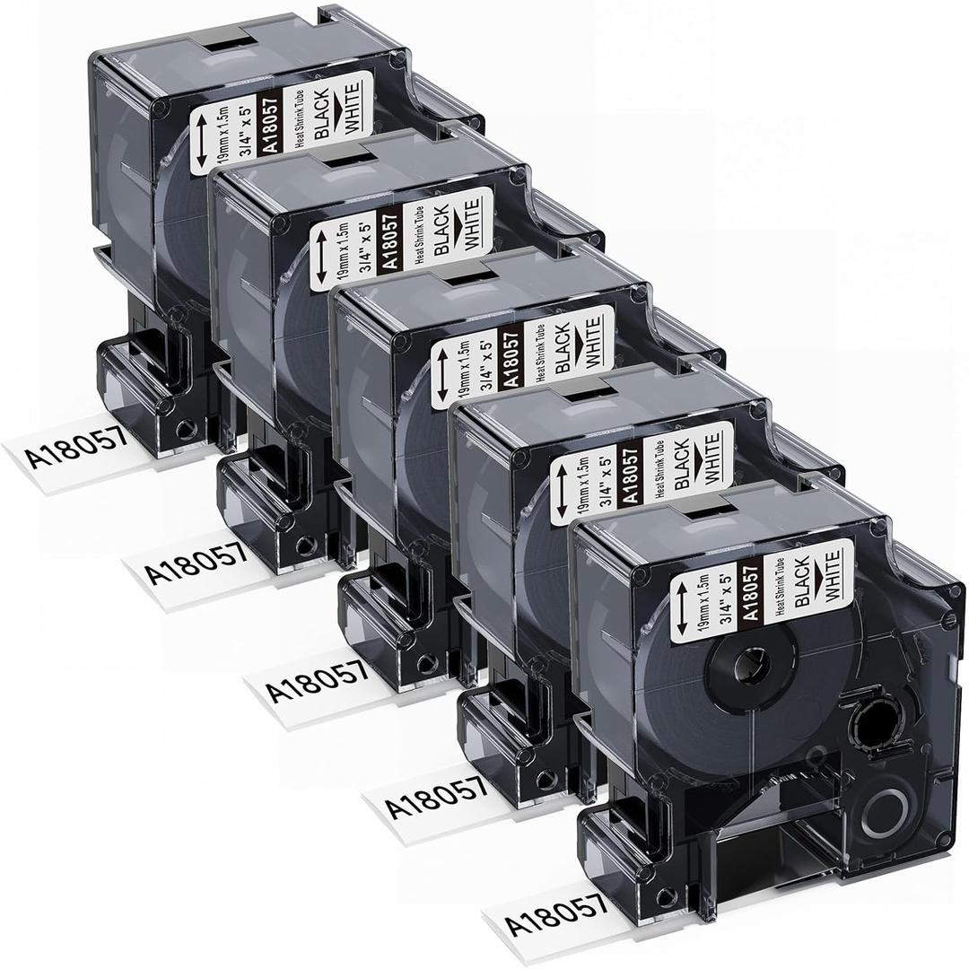 Compatible with DYMO Rhino 5200 Heat Shrink Labels 3/4 18057 A18057 White Heat Shrink Tubes Use for DYMO Rhino 4200 5000 6000 Rhinopro Industrial Label Maker, 3/4" x 4.9',5-Pack