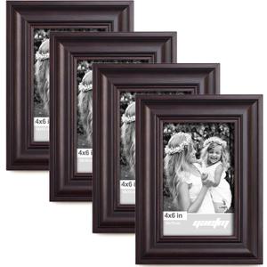 Yaetm 4x6 Picture Frame Set of 4, 1.4 Wide Molding & Dark Brown Photo Frames with HD Tempered Glass, Display on Tabletop & Wall Mounting, Brown
