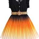 Hilinker Toddler Girl Pleated Dress Ruffle Sleeveless Retro Party Dresses with Belt Black Orange Gradient 3-4Y