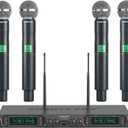 Phenyx Pro Wireless Microphone System, 4-Channel UHF Wireless Mic, Fixed Frequency Metal Cordless Mic with 4 Handheld Dynamic Microphones, 260ft Range, Mics for Singing, Church(PTU-5000-4H)