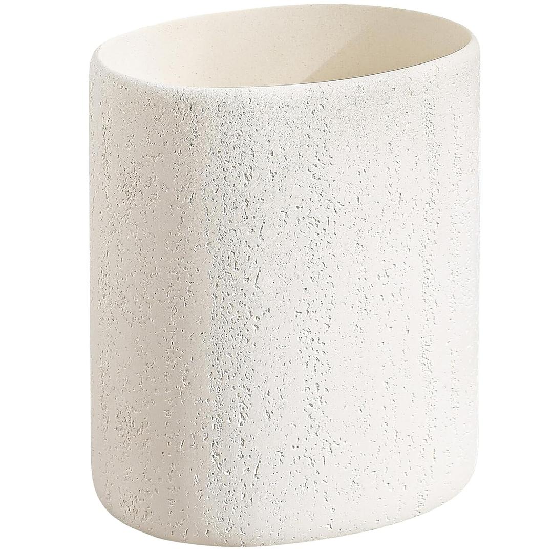 Trash Can,1.6 Gallon,Small Simple Modern Oval Garbage Bin,Ivory | Travertine Stone Look,Decorative Waste Basket for Bathroom Kitchen Office,Home Decor,Bedroom,Living Room,Hotel,Cafe,Bar