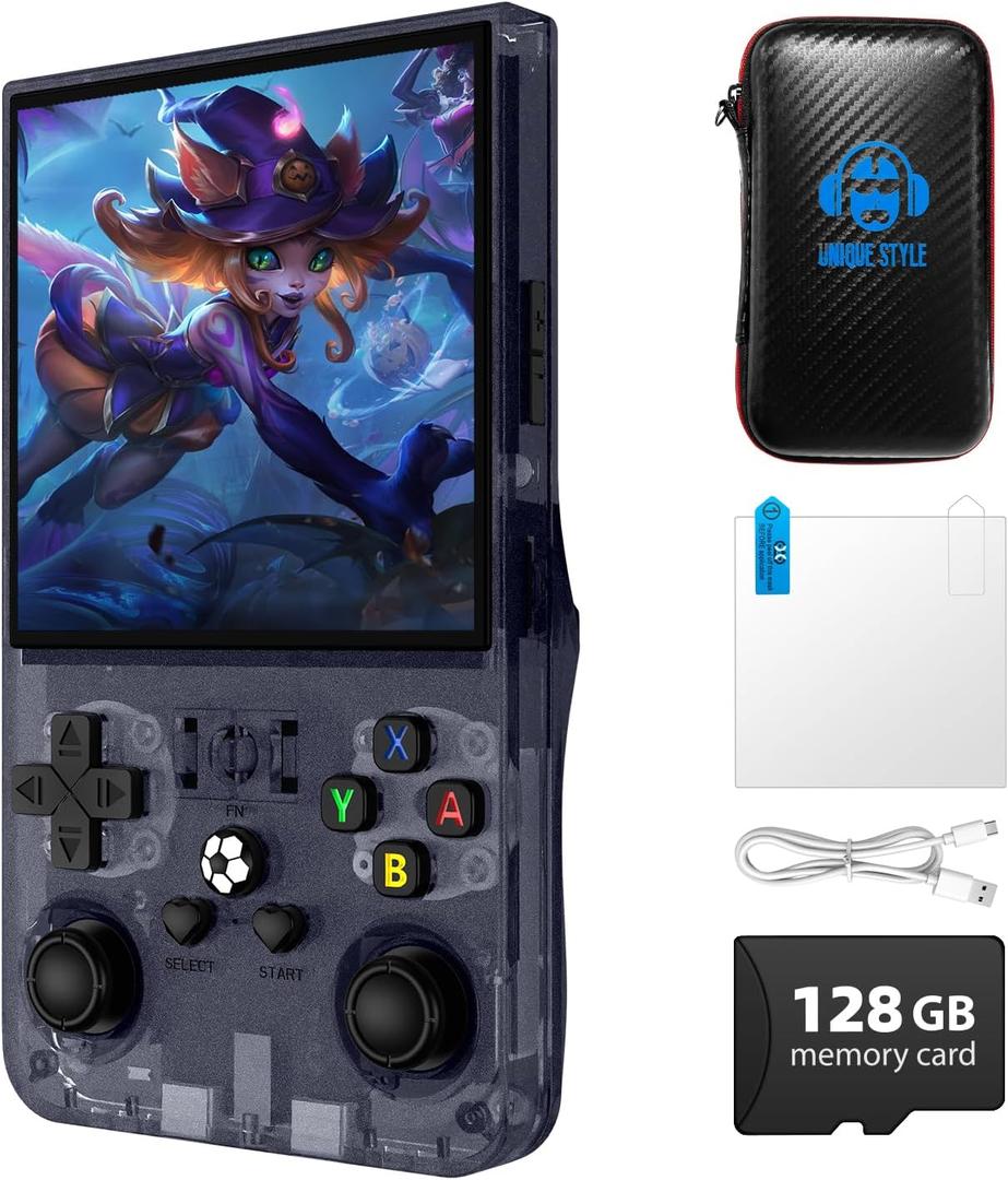 R36MAX Retro Game Console, 4.0 inch Retro Gaming Console with 128GB Memory, Video Game Consoles with 4000mAh Battery and 30+ Emulators, Gray