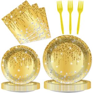 96 PCS Golden Birthday Party Decorations Tableware Set for Golden Themed Happy Birthday Supplies Diamond Gold Plates Napkins Forks for 24 Guests Men Women Anniversary Engagement Wedding Party Favors