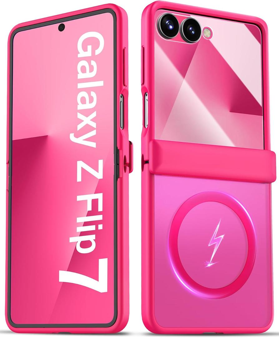 for Samsung Galaxy Z Flip 7 Case with Hinge Protector, Front Screen Protector, Slim Compatible with MagSafe, Translucent Rugged Shockproof Men Women Full Phone Case for Samsung Z Flip7, Hot Pink