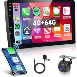 [4G+64G] Android Car Stereo 10.1 Inch Double Din, Hodozzy Touch Screen Radio with Wireless Carplay Android Auto, GPS, Bluetooth, WiFi, FM/RDS Radio, DSP/USB/SWC+AHD Camera