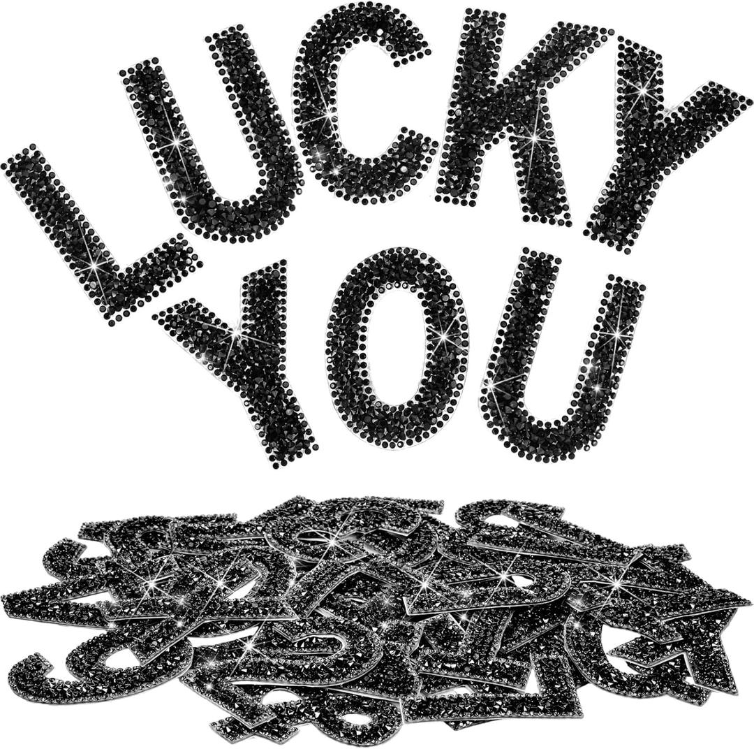 WILLBOND 37 Pieces Rhinestone Letter Stickers Large Glitter Alphabet Crystal Number Self Adhesive Bling Stickers Iron on Letters for Art Crafts Clothing DIY Decors(Black,2.56 Inch)