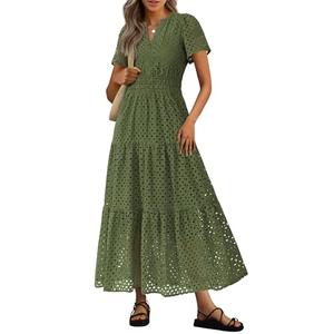 Zesica Womens 2025 Summer Maxi Dress Short Sleeve V Neck Hollow Out Eyelet A Line Long Flowy Beach Vacation Dresses (Army Green,Medium)