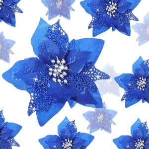 Boao 24 Pieces Christmas Artificial Glitter Poinsettia Flowers Xmas Flowers Wedding Christmas Tree New Year Ornaments(Royal Blue)