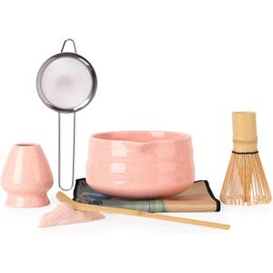 Japanese Matcha Whisk Set - 7-Piece Kit Bamboo Chasen, Ceramic Bowl with Spout, Stainless Steel Sifter & Holder Pink
