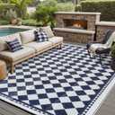 HUGEAR Outdoor Waterproof Rug 8'x10' Plastic Straw Rugs Washable Reversible Floor Mat Blue Plaid Carpet for Camping RV Deck Entryance Porch Picnic Balcony Beach Backyard