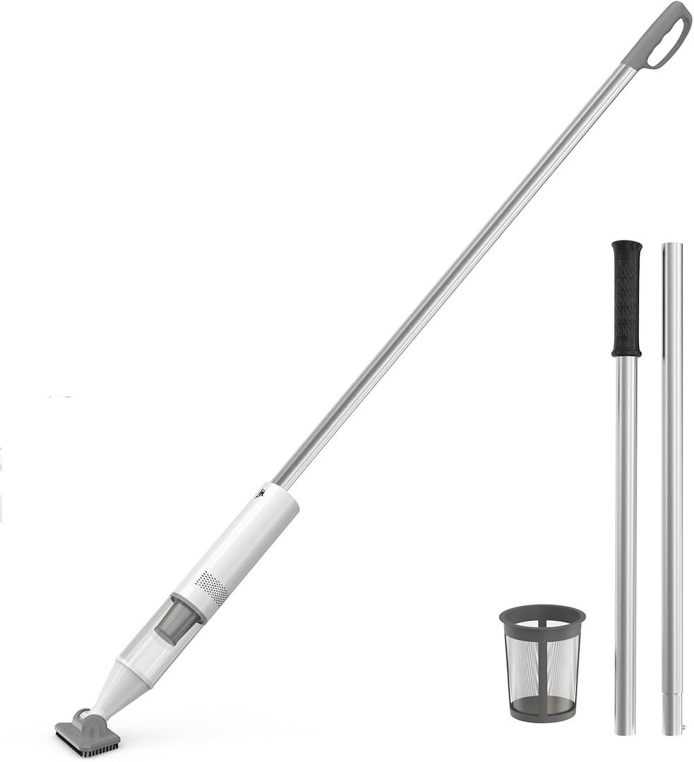 Cordless Pool Vacuum for Above Ground Pool & Inground Pool, Handheld Spa Cleaner with 16 GPM Powerful Suction, Telescopic Pole, Rechargeable Pool Vacuum for Above Ground Pool, Sand, Leaves, White