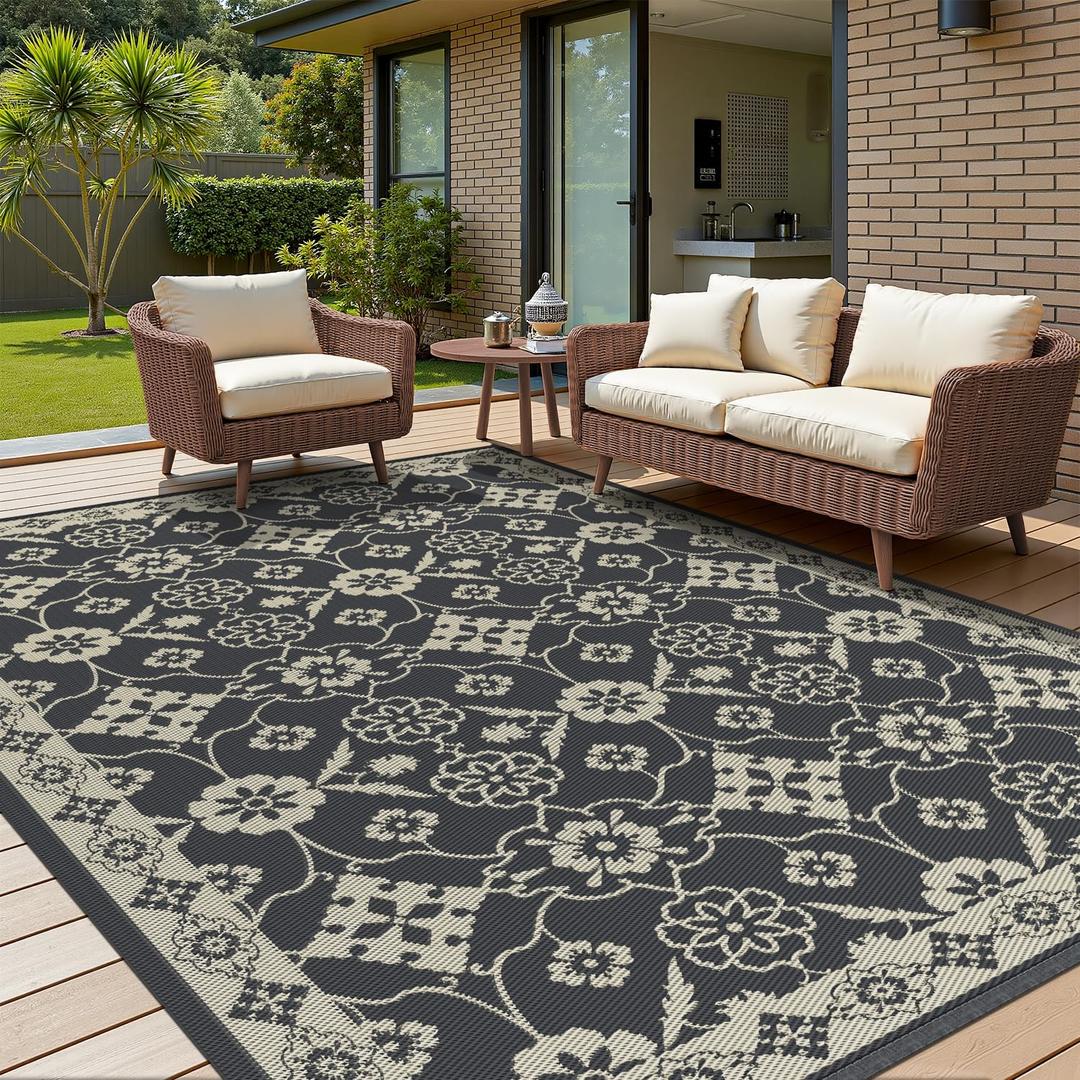 COCOER Floral Outdoor Rug 9x12 Reversible-Waterproof Patio Rug-Quick Dry Outdoor Carpet-Outdoor Area Rugs Indoor Outdoor Rugs-Outside Rug Patio Decor for Porch Deck Balcony Backyard (9x12ft, Floral-darkgrey)