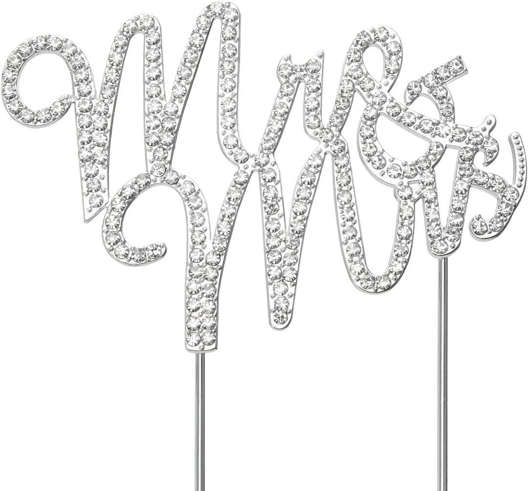 Mrs & Mrs Wedding Cake Topper - Sparkly Crystal Rhinestone Sign, Premium Silver Metal, Wedding Party & Anniversary Decoration