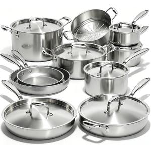 Umite Chef 17Pcs 5 Ply Clad Stainless Steel Cookware Set with Lids, Heavy Duty Pots and Pans Kitchen Set, Induction-Ready, Dual Aluminum Core for Even Heat, Cool Grip Handles, Dishwasher Safe